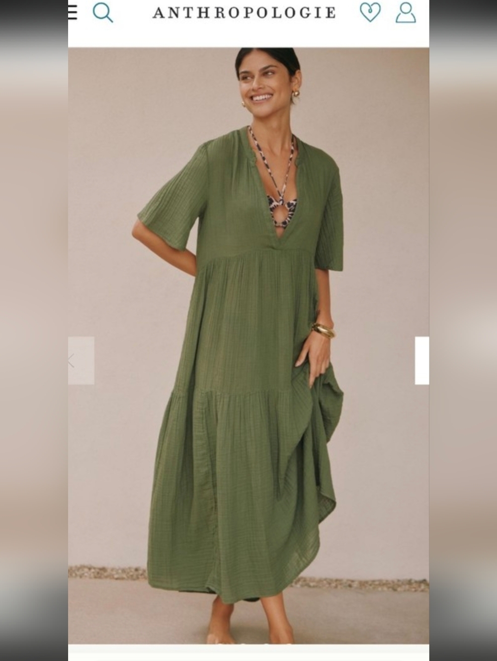 Anthropologie Olive Green Deep V-Neck Tiered Maxi Dress Cotton Gauze L
